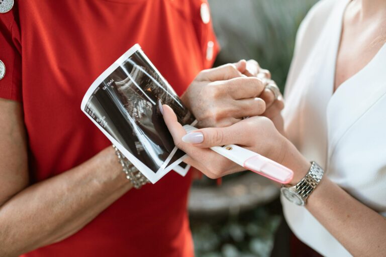 A touching moment of a pregnancy announcement with ultrasound and positive test.
